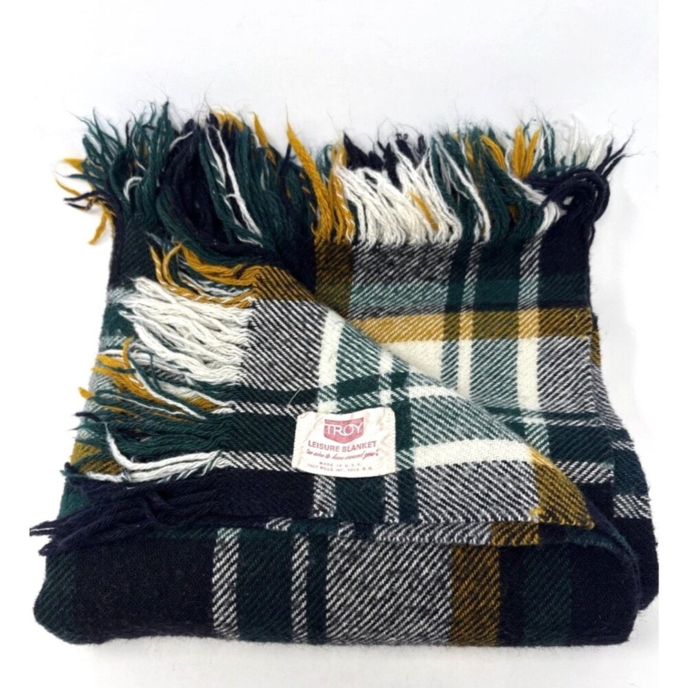 Vtg Troy Wool Leisure Blanket Green Navy Plaid Stadium Throw Fringe 48x53 USA